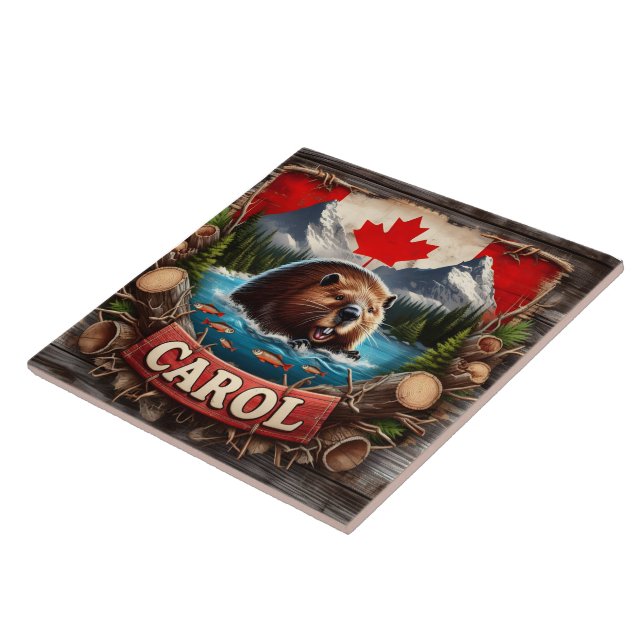 Canadian Beaver, Flag, Mountain View Ceramic Tile (Side)