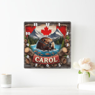 Canadian Beaver, Flag, Mountain View Square Wall Clock