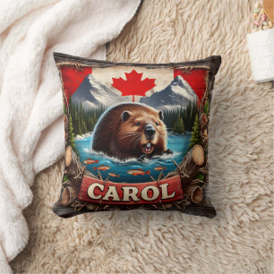 Canadian Beaver, Flag, Mountain View Throw Pillow