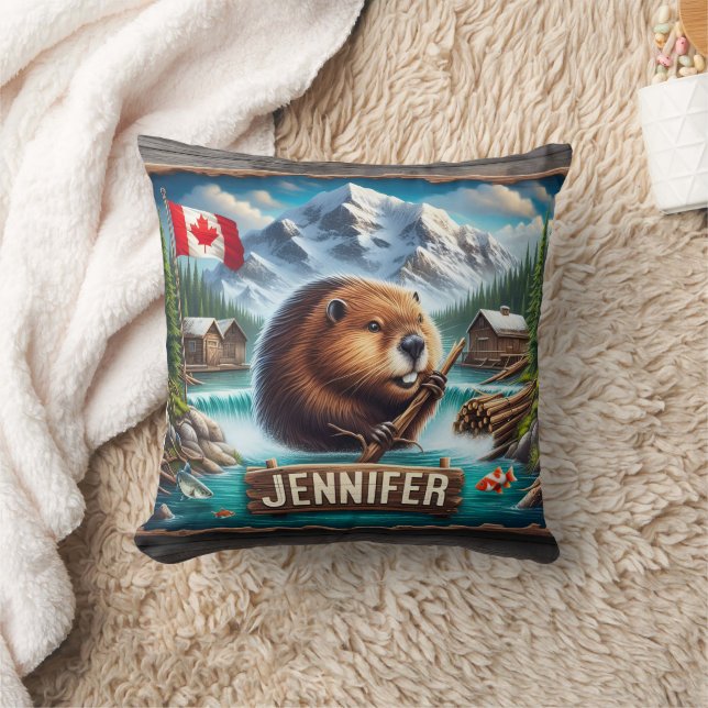 Canadian Beaver Holding Branch Near Mountain Lake Throw Pillow (Blanket)