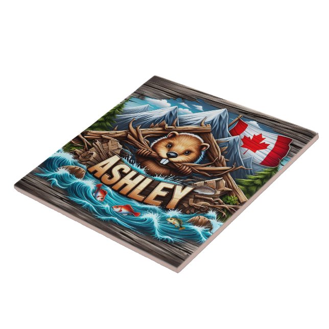 Canadian Beaver Holding Branches by Riverbank Ceramic Tile (Side)