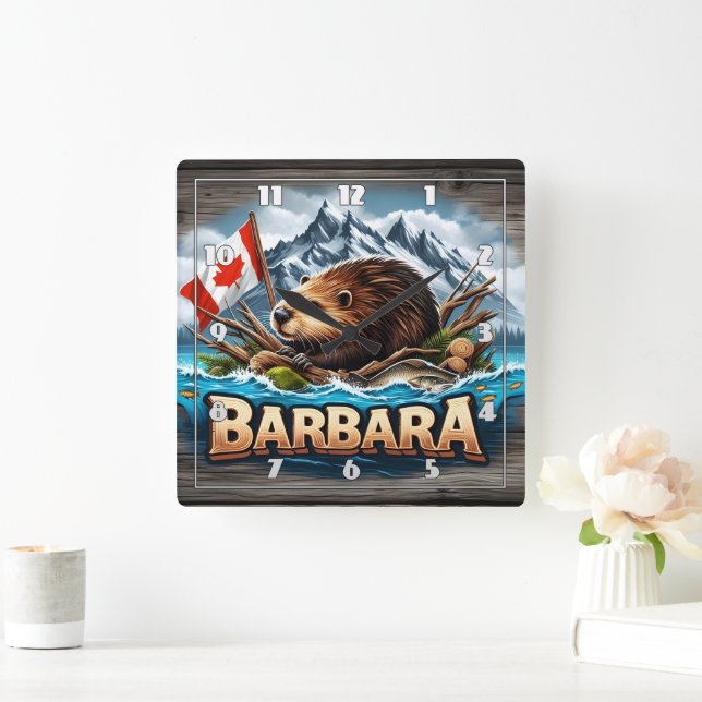 Canadian Beaver Holding Flag Near Mountains Square Wall Clock (Home)
