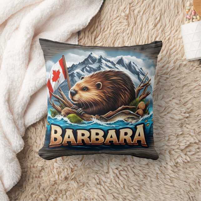Canadian Beaver Holding Flag Near Mountains Throw Pillow (Blanket)