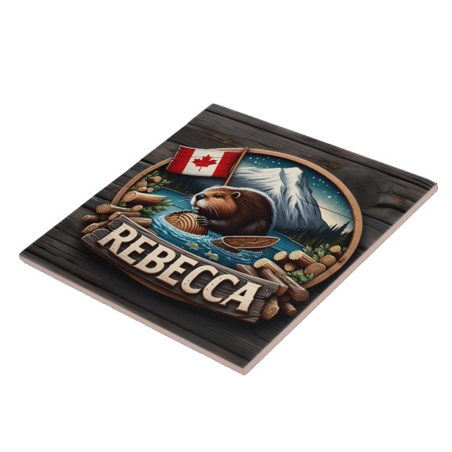 Canadian Beaver Holding Log by Canadian Flag Ceramic Tile (Side)