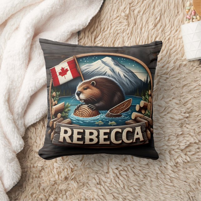 Canadian Beaver Holding Log by Canadian Flag Throw Pillow (Blanket)