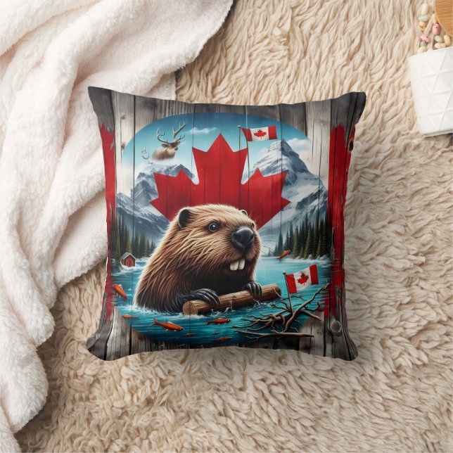 Canadian Beaver in Front of Maple Leaf Background Throw Pillow (Blanket)