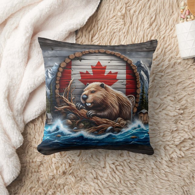 Canadian Beaver in Front of Mountain Landscape Throw Pillow (Blanket)