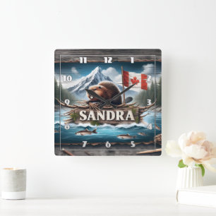 Canadian Beaver in Scenic River With Flag Square Wall Clock
