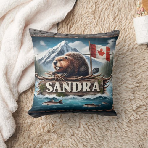 Canadian Beaver in Scenic River With Flag Throw Pillow