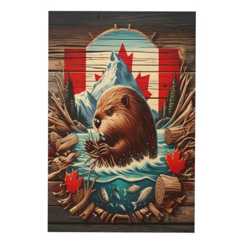Canadian Beaver In The River Wood Wall Art
