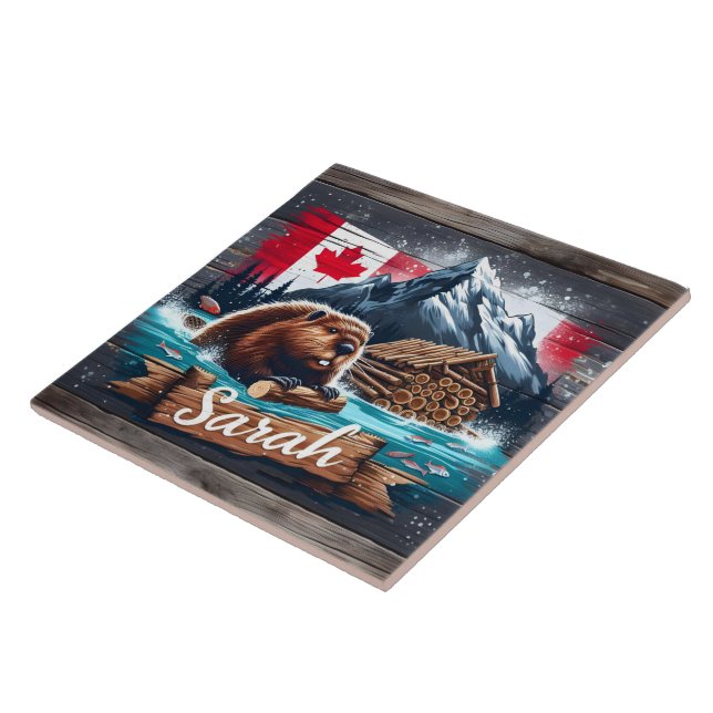 Canadian Beaver in Water With Logs Near Mountains Ceramic Tile (Side)