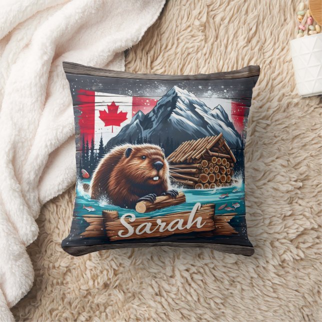 Canadian Beaver in Water With Logs Near Mountains Throw Pillow (Blanket)