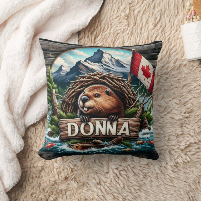 Canadian Beaver Near Lake With Rocky Mountains Throw Pillow (Blanket)