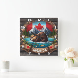 Canadian Beaver Near Mountains and Maple Leaf Square Wall Clock