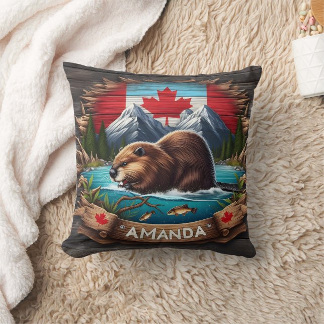 Canadian Beaver Near Mountains and Maple Leaf Throw Pillow (Blanket)