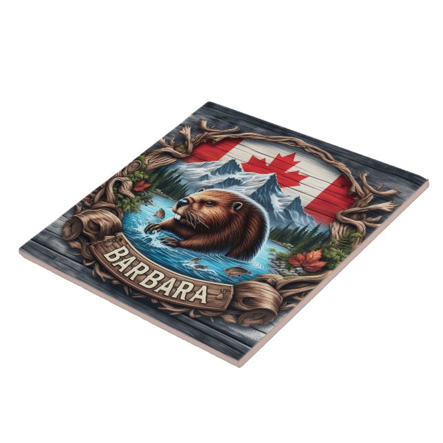 Canadian Beaver Near Mountains and Maple Leaves Ceramic Tile (Side)