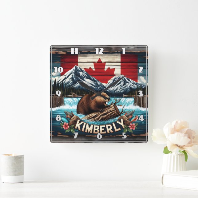Canadian Beaver Near Waterfall in Kimberly Area Square Wall Clock (Home)