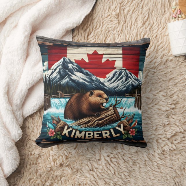 Canadian Beaver Near Waterfall in Kimberly Area Throw Pillow (Blanket)