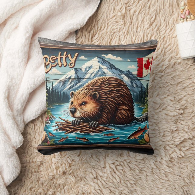 Canadian Beaver Nesting by Mountain River Throw Pillow (Blanket)