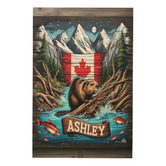 Canadian Beaver Nighttime Adventure Wood Wall Art