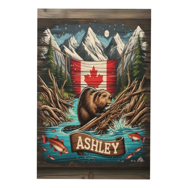 Canadian Beaver Nighttime Adventure Wood Wall Art (Front)