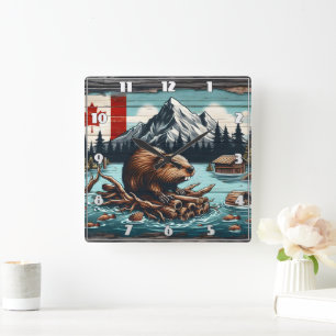 Canadian Beaver on a Log by Lake With Mountains Square Wall Clock