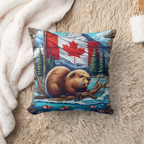 Canadian Beaver on Lake With Canadian Flag Throw Pillow