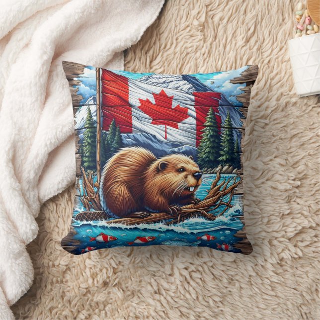 Canadian Beaver on Lake With Canadian Flag Throw Pillow (Blanket)