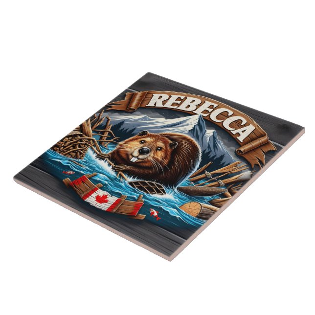 Canadian Beaver, Snow-Capped Mountain Ceramic Tile (Side)