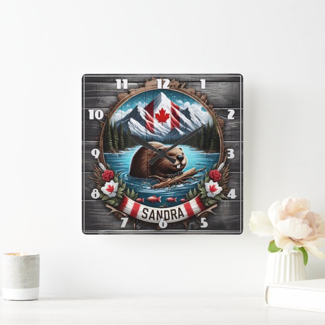 Canadian Beaver Swimming in Clear Mountain Lake Square Wall Clock (Home)