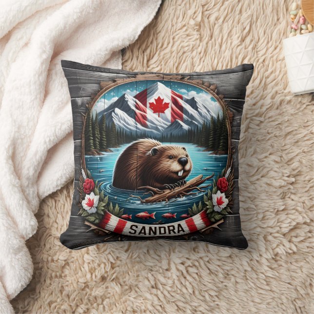 Canadian Beaver Swimming in Clear Mountain Lake Throw Pillow (Blanket)