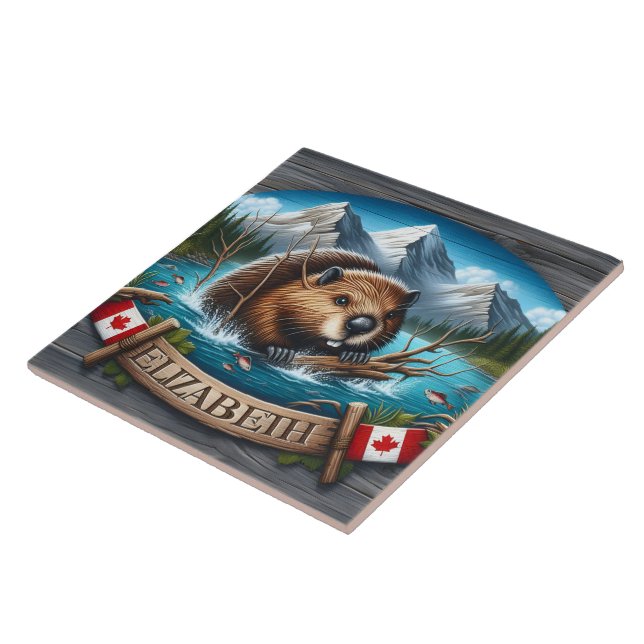 Canadian Beaver Swimming in Mountain Lake Ceramic Tile (Side)