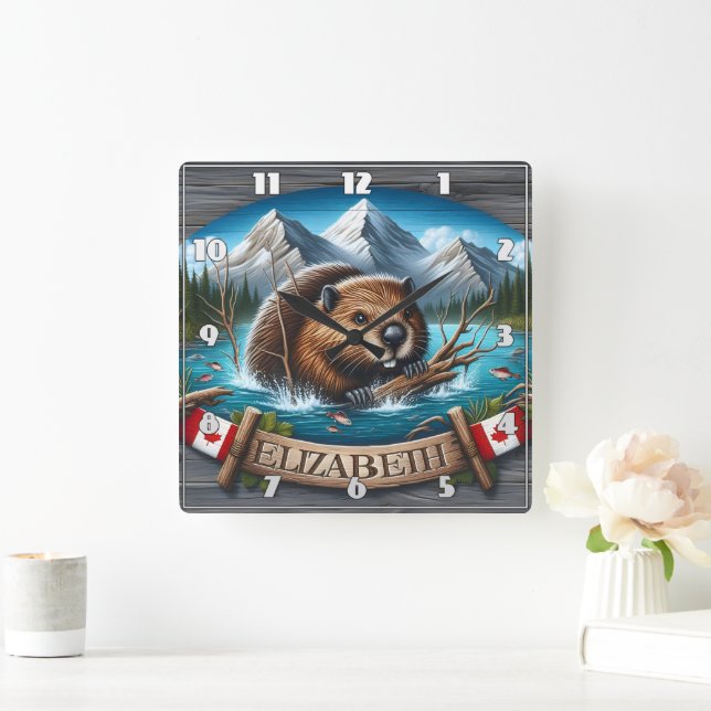 Canadian Beaver Swimming in Mountain Lake Square Wall Clock (Home)