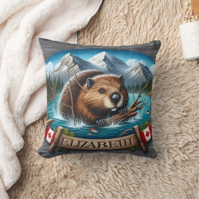Canadian Beaver Swimming in Mountain Lake Throw Pillow (Blanket)