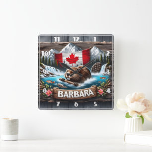 Canadian Beaver Swimming Near Mountain Stream Square Wall Clock