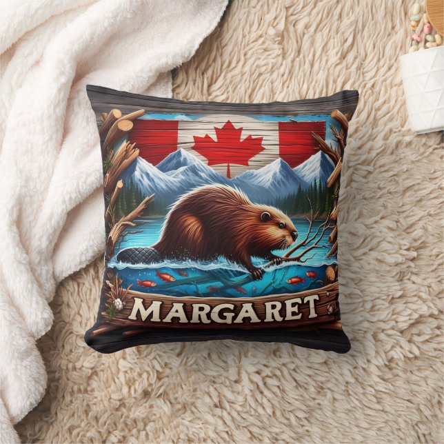 Canadian Beaver Swimming Near Mountains and Forest Throw Pillow (Blanket)