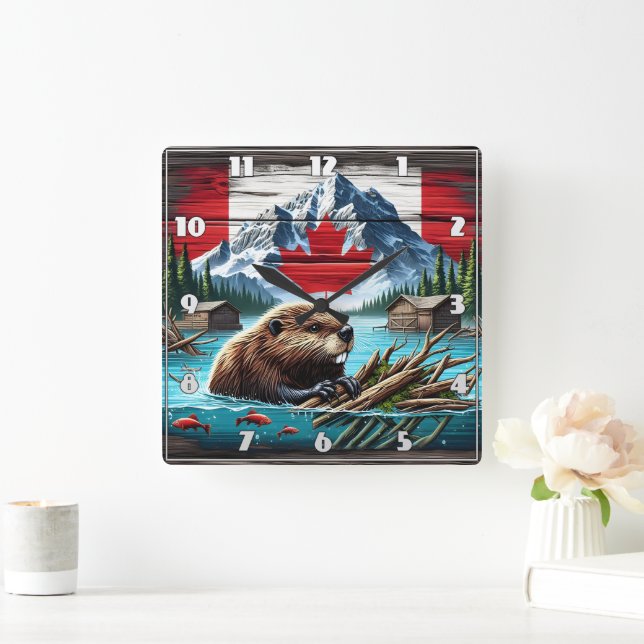 Canadian Beaver Swimming Near Rustic Cabins Square Wall Clock (Home)