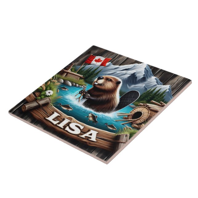 Canadian Beaver The Near Mountain In A Lake Ceramic Tile (Side)