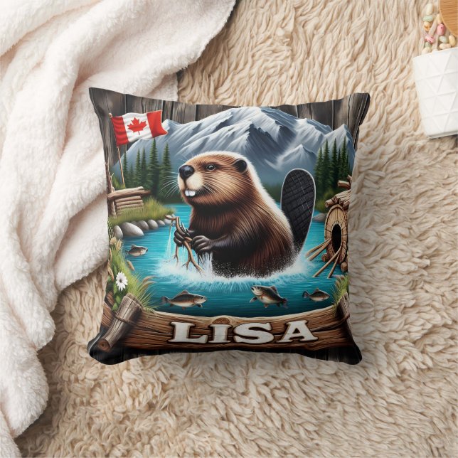 Canadian Beaver The Near Mountain In A Lake Throw Pillow (Blanket)