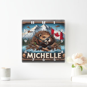 Canadian Beaver With Blue Ocean Scene Square Wall Clock
