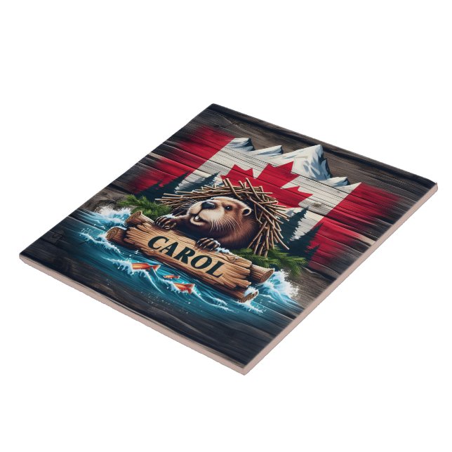 Canadian Beaver With Canadian Flag Background Ceramic Tile (Side)
