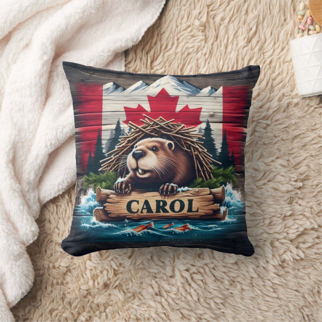 Canadian Beaver With Canadian Flag Background Throw Pillow (Blanket)