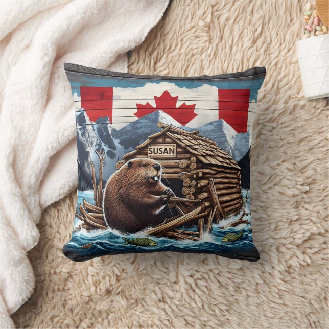 Canadian Beaver With Flag and Lodge in Nature Throw Pillow (Blanket)