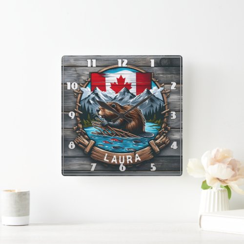 Canadian Beaver With Flag and Mountains at Sunset Square Wall Clock