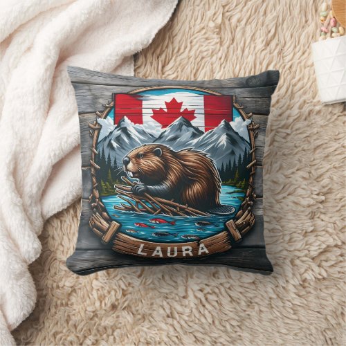 Canadian Beaver With Flag and Mountains at Sunset Throw Pillow