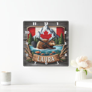 Canadian Beaver With Flag and Mountains Square Wall Clock
