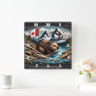 Canadian Beaver With Flag by Mountain River Square Wall Clock