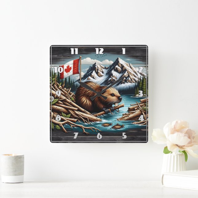 Canadian Beaver With Flag by Mountain River Square Wall Clock (Home)