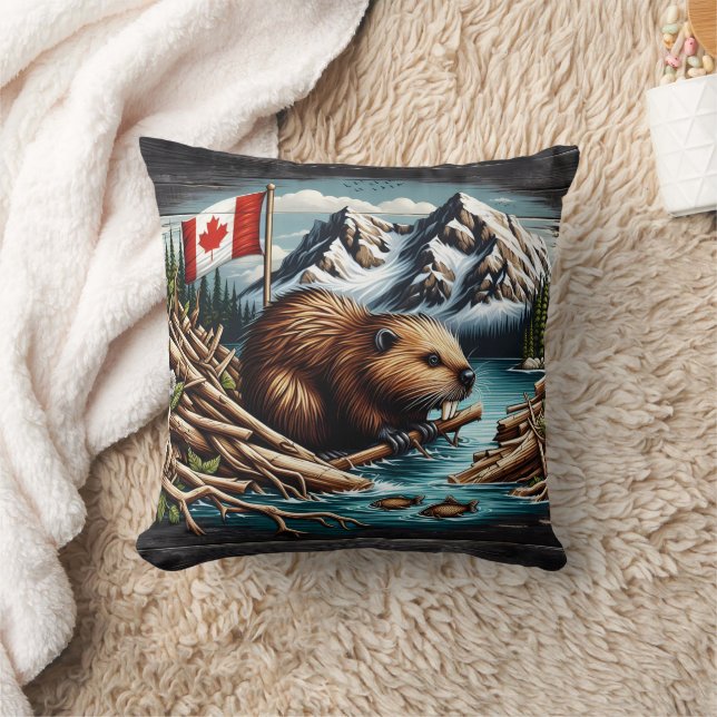 Canadian Beaver With Flag by Mountain River Throw Pillow (Blanket)