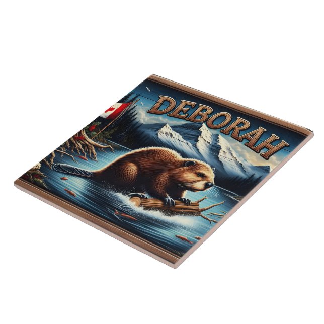 Canadian Beaver With Flag Near Scenic Mountains Ceramic Tile (Side)